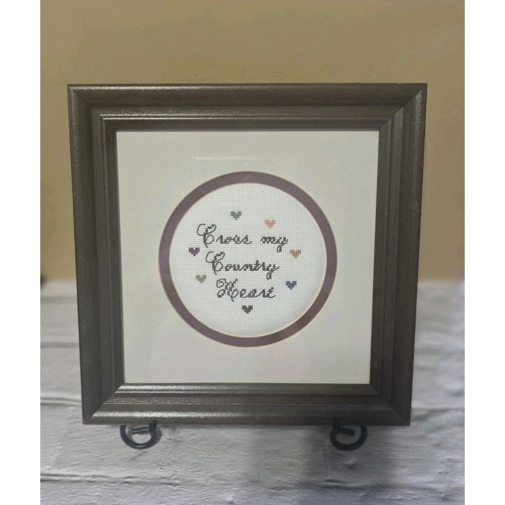 Handmade Needlepoint Framed "Cross My Country Heart" With Custom Mat And Hearts